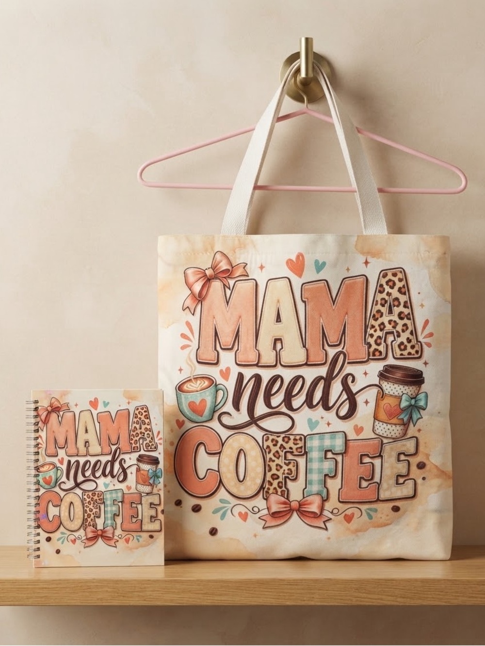 Mama Needs Coffee Beige Canvas Tote Bag & Notebook